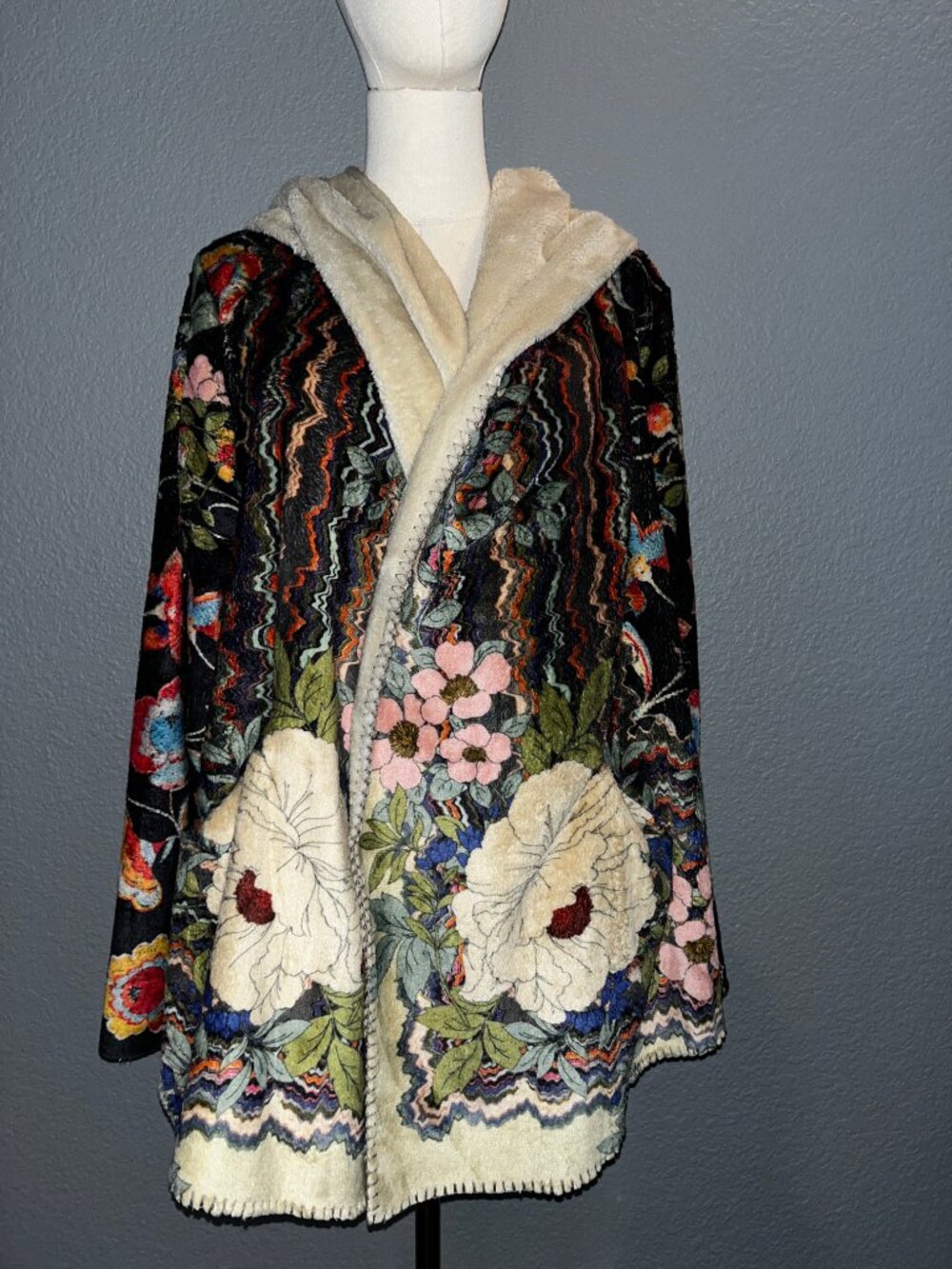 BIYA JOHNNY WAS RADLEY Sherpa Hoodie Fleece Lounge Jacket Floral Boho - EUC - L